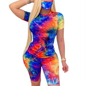 Tie Dye Two Piece Short Set with Face Cover